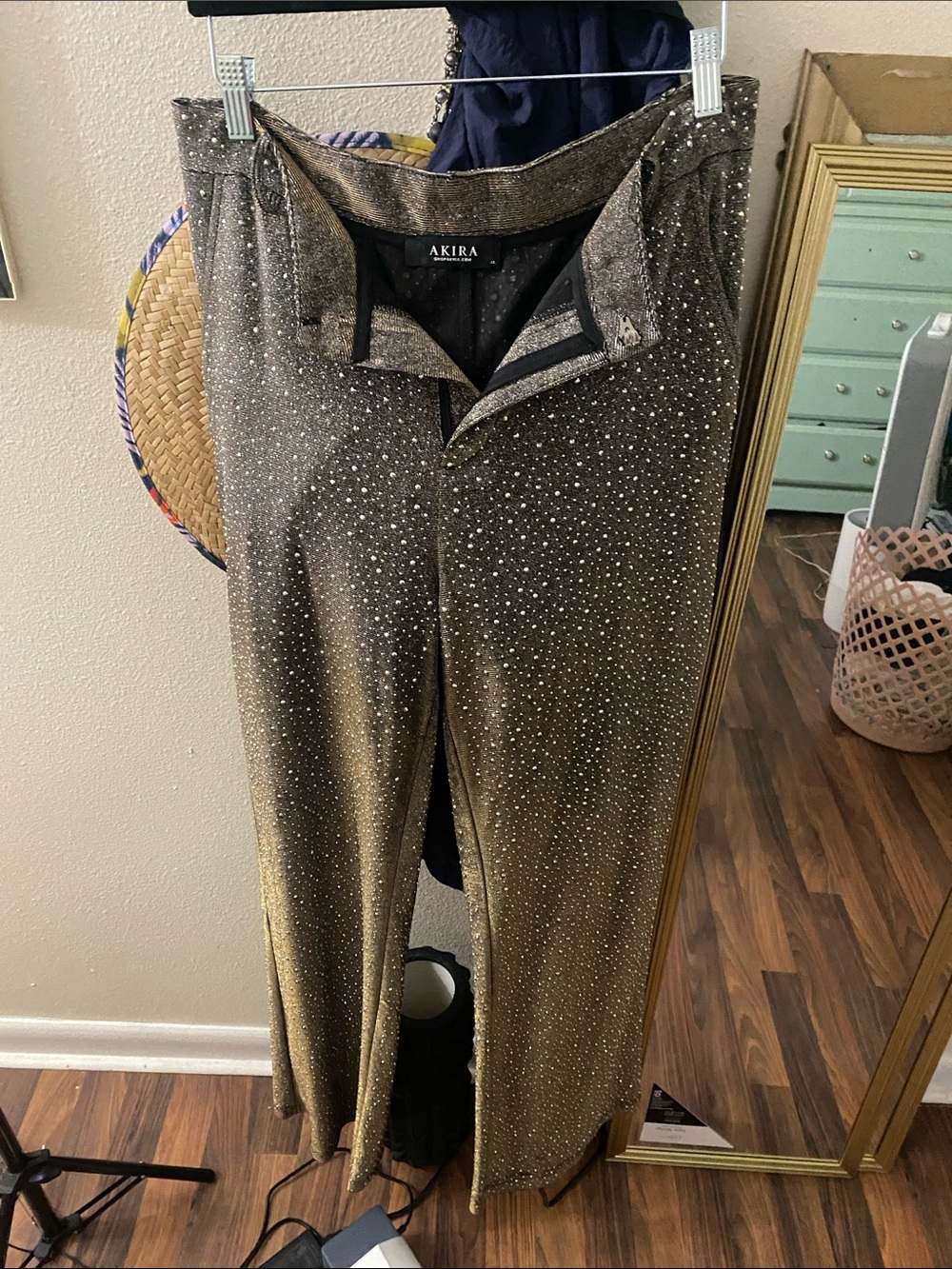 AKIRA Sparkling Metallic Gold Wide-Leg Trousers